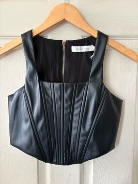 bishop + young Black Faux Leather Top with Tag Detail